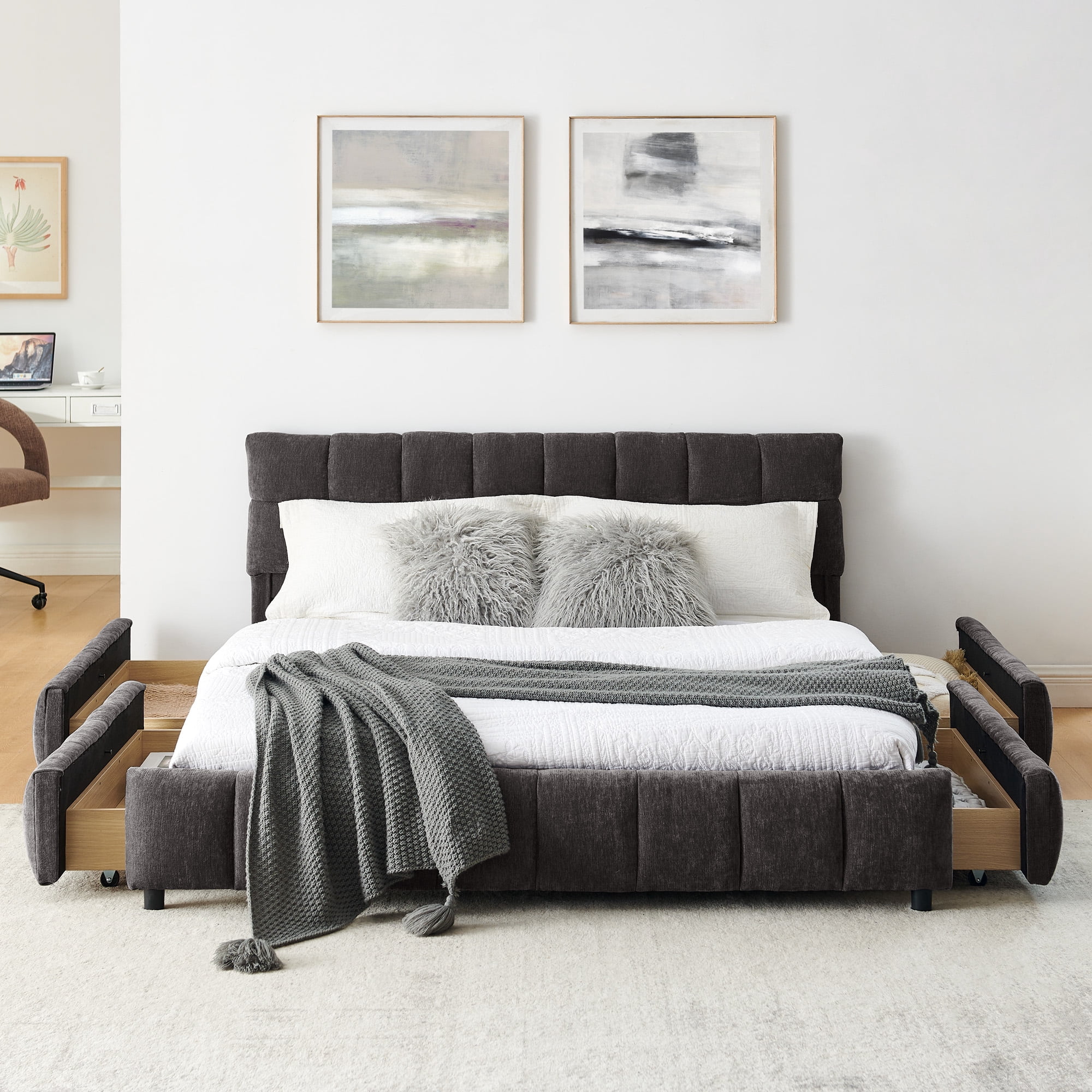 Modern Dark Grey Wood Frame Queen Chenille Upholstered Platform Bed with Headboard & 4 Drawers