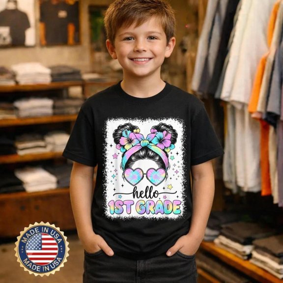 Hello 1st Grade Messy Bun First Day of School Outfits, AURORAVALLEY T-Shirt
