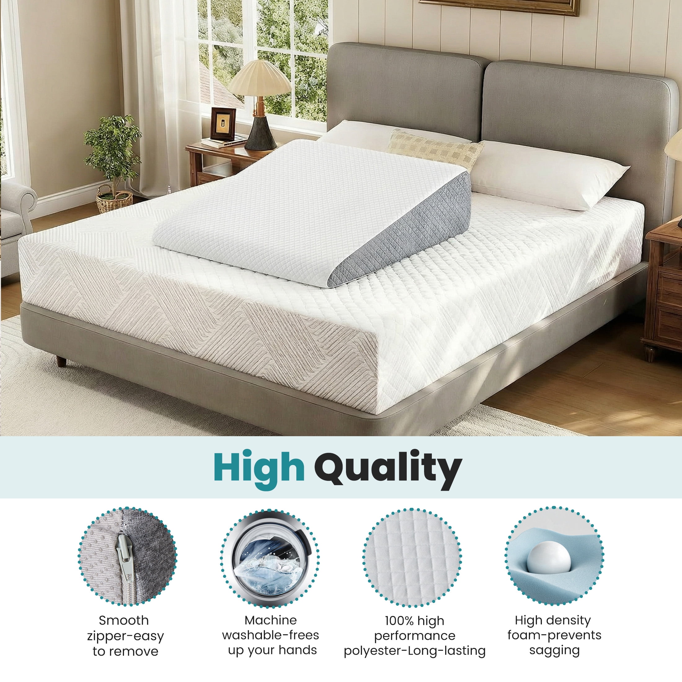 EDX Bed Wedge Pillow, Foam Bed Pillow with Washable Cover for Sleep Apnea, Acid Reflux, and Back Pain Relief, Leg Elevation, Incline Cushion for Sleeping (Standard Width 7.5" Height)