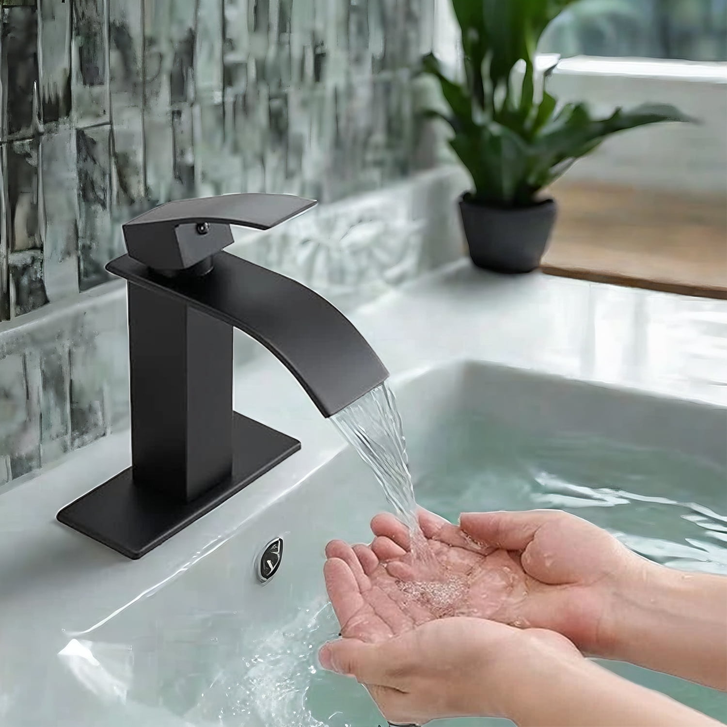 Bathroom Sink Faucet Waterfall Spout Hold & Cold Mixer Tap Single Handle Modern Lavatory Vanity Sink Faucet with Hose Deck Plate for 1 or 3 Holes, Matte Black