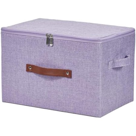 Storage Bins with Zipper Lid Cotton Linen Fabric Lidded Storage Baskets Boxes Foldable Washable Closet Shelf Clothes Organizer Container with PU Leather Handles (Purple Large)