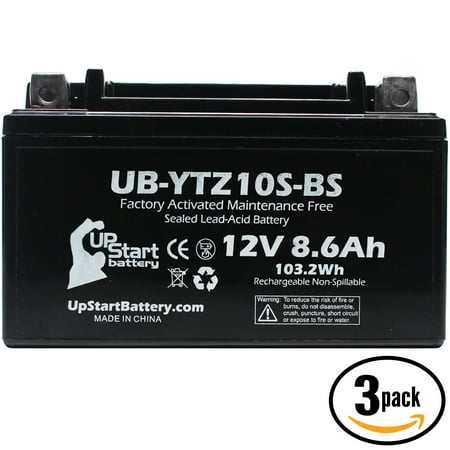 3 Pack - YTZ10S-BS Battery Replacement (8.6Ah, 12v, Sealed) Factory Activated, Maintenance Free Battery Compatible with - 2015 Yamaha FZ-07, 2006 Honda CBR1000RR, 2007 Honda