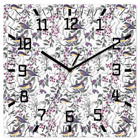 Spring Botanical Birds Wooden Wall Clock Silent Non Ticking, Garden Floral Twigs Farmhouse Square Wall Clocks Battery Operated, Decor Clock for Home Office, Living Room, Kitchen, 10 Inch