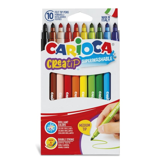 Carioca Super Washable Medium Tip Markers, Two Line Widths, 10 Count