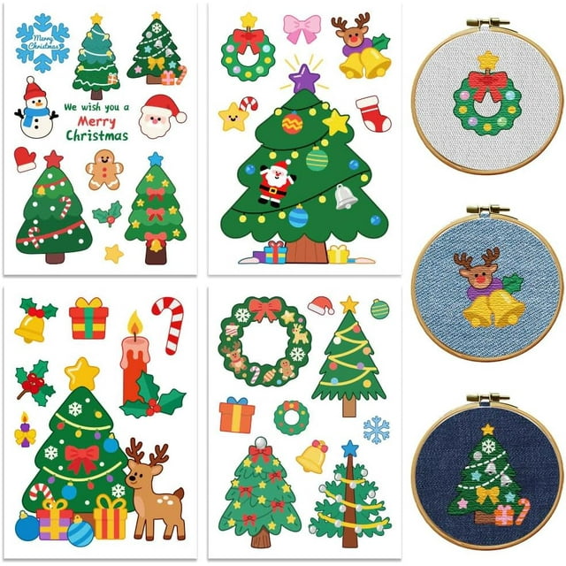 Water Soluble Embroidery Patterns with Color for Beginners Christmas Tree 4 Sheets with 34pcs Wash Away Embroidery Pattern Stabilizer for Hand Sewing Women Adults