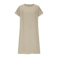 thumbnail image 6 of Linen Dresses for Women Summer Causal Short Sleeve Midi Dress Cre W Neck Solid Color Fashion Beach Vacation Clothes, 6 of 7