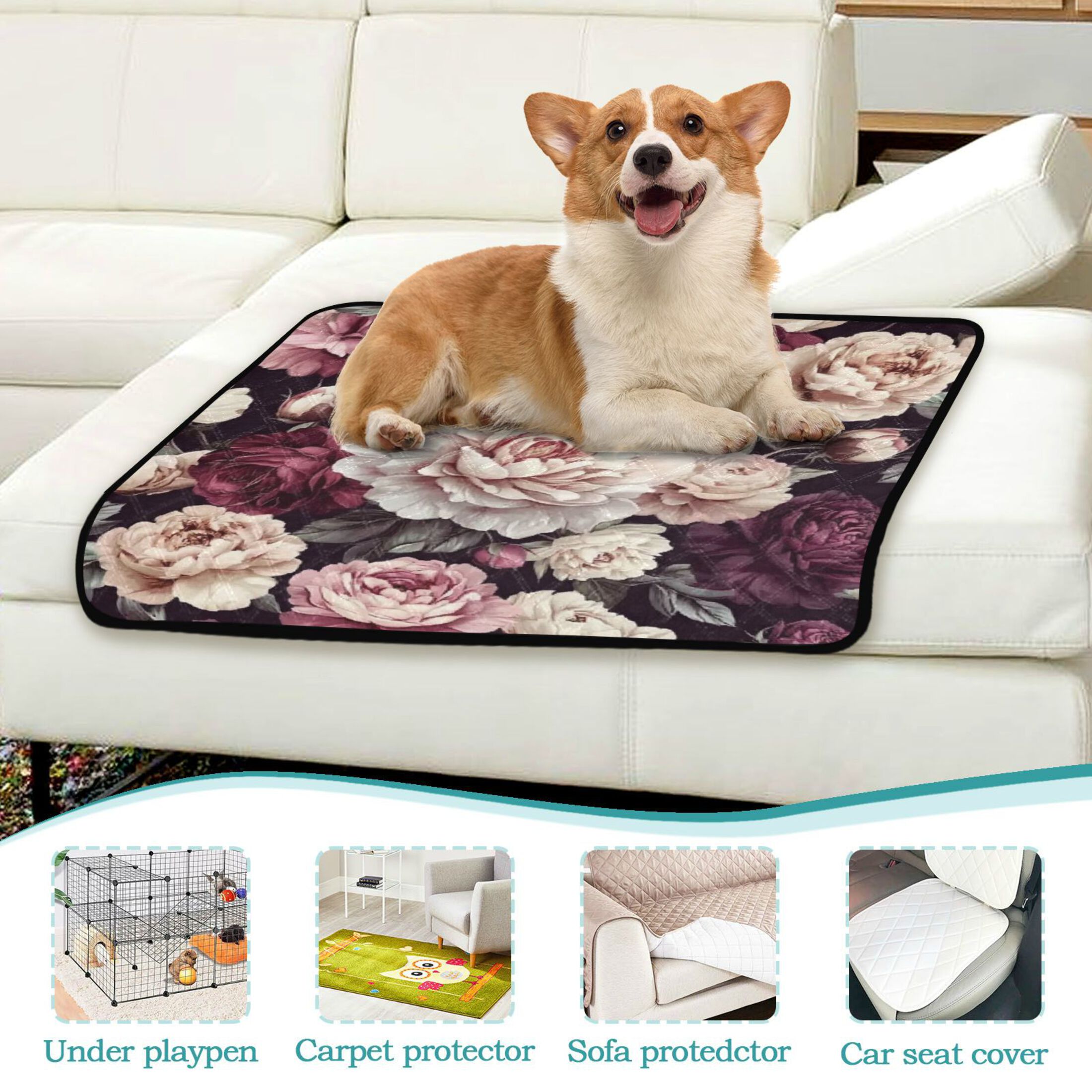 Qxltty Milk White Peony Cat litter Pads Pet Set of 3 Diaper Mats Center Anti-leakage Layer Absorbent Soft and Comfortable