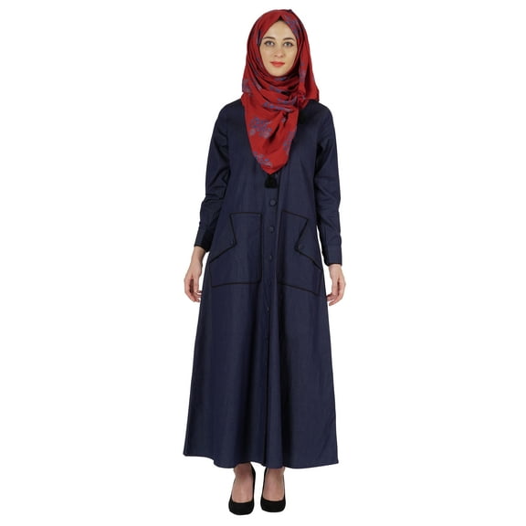 Bimba Solid Long Dress W/ Printed Hijab/Scarf Chambray Maxi Front Button Muslim Dress Islamic Clothes For Women