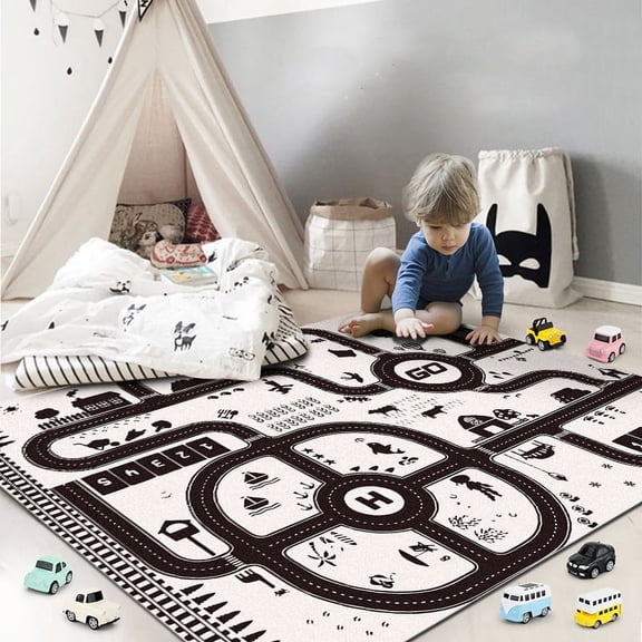 Alfombra de juego infantil para gatear con diseño de pista de coches para habitación de niño 120 x 160 cm (1)