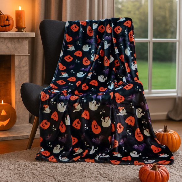 Hitime Halloween Throw Blanket - Halloween Pumpkin Bat, Ultra-Soft Plush Blanket, Lightweight Warm Decor for Bed, Couch, Movie Nights (Throw - 50"x60")