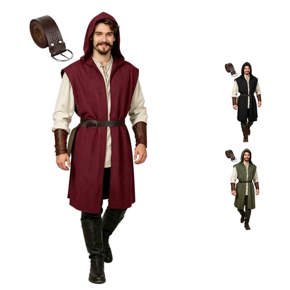 Medieval Costume Men Sleeveless Hooded Pirate Jacket with Belt Two Piece Set Halloween Cosplay Halloween Costume Men, Size XL
