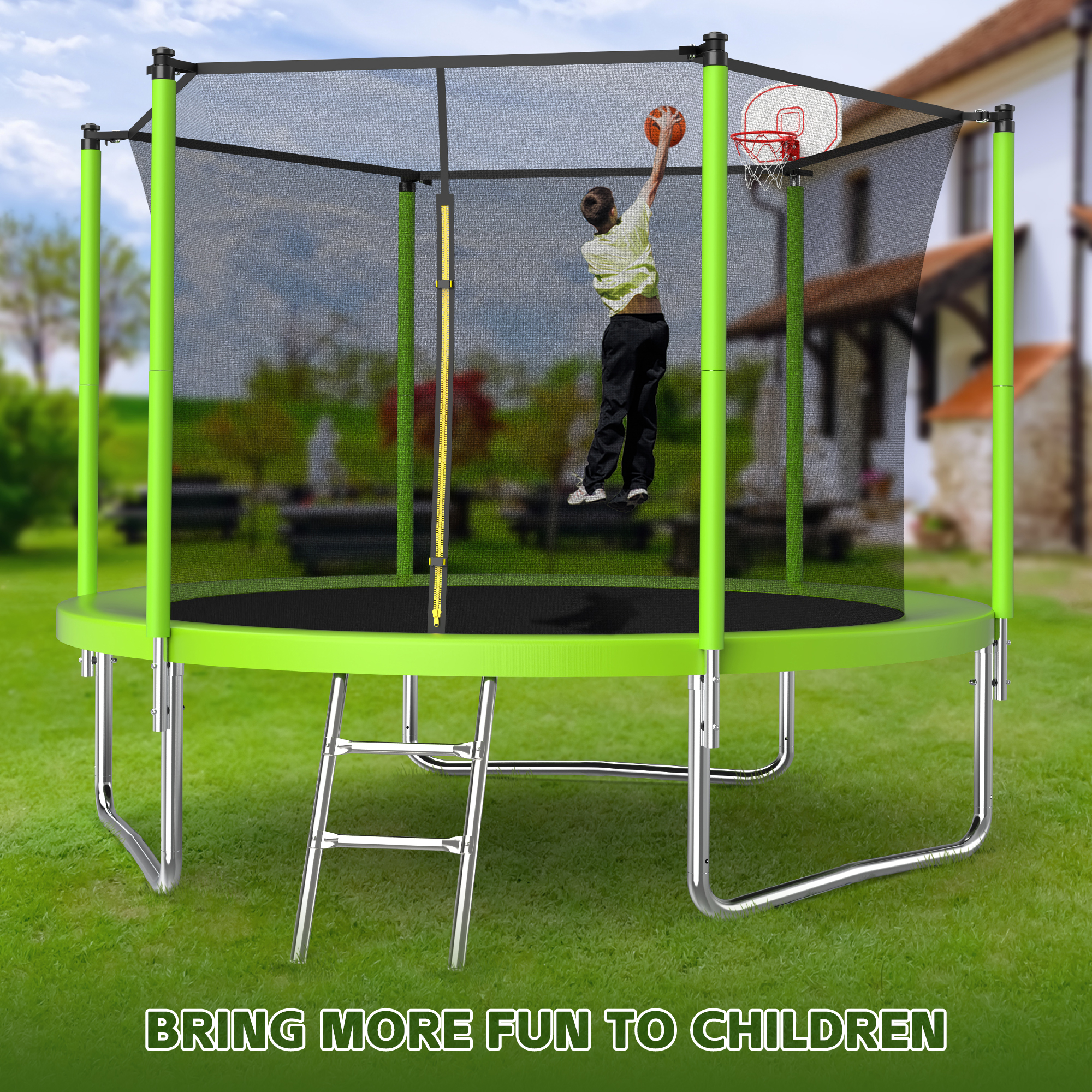 10FT Trampoline for Kids,Outdoor Trampoline with Basketball Hoop,Recreational Trampoline with Safety Enclosure Net,Green