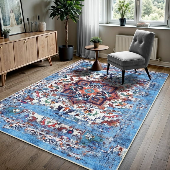 GLN Rugs Narli - Indoor, Machine Washable Area Rug 3'x5' Turkish Blue Home Carpet