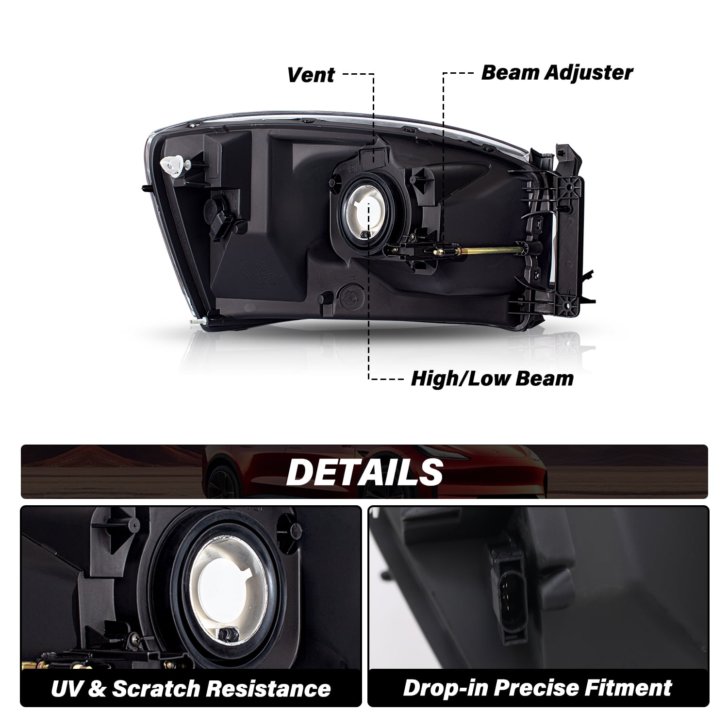 For 2006-2009 Dodge Ram 1500 2500 3500 Pair Headlights Black Clear Headlamps