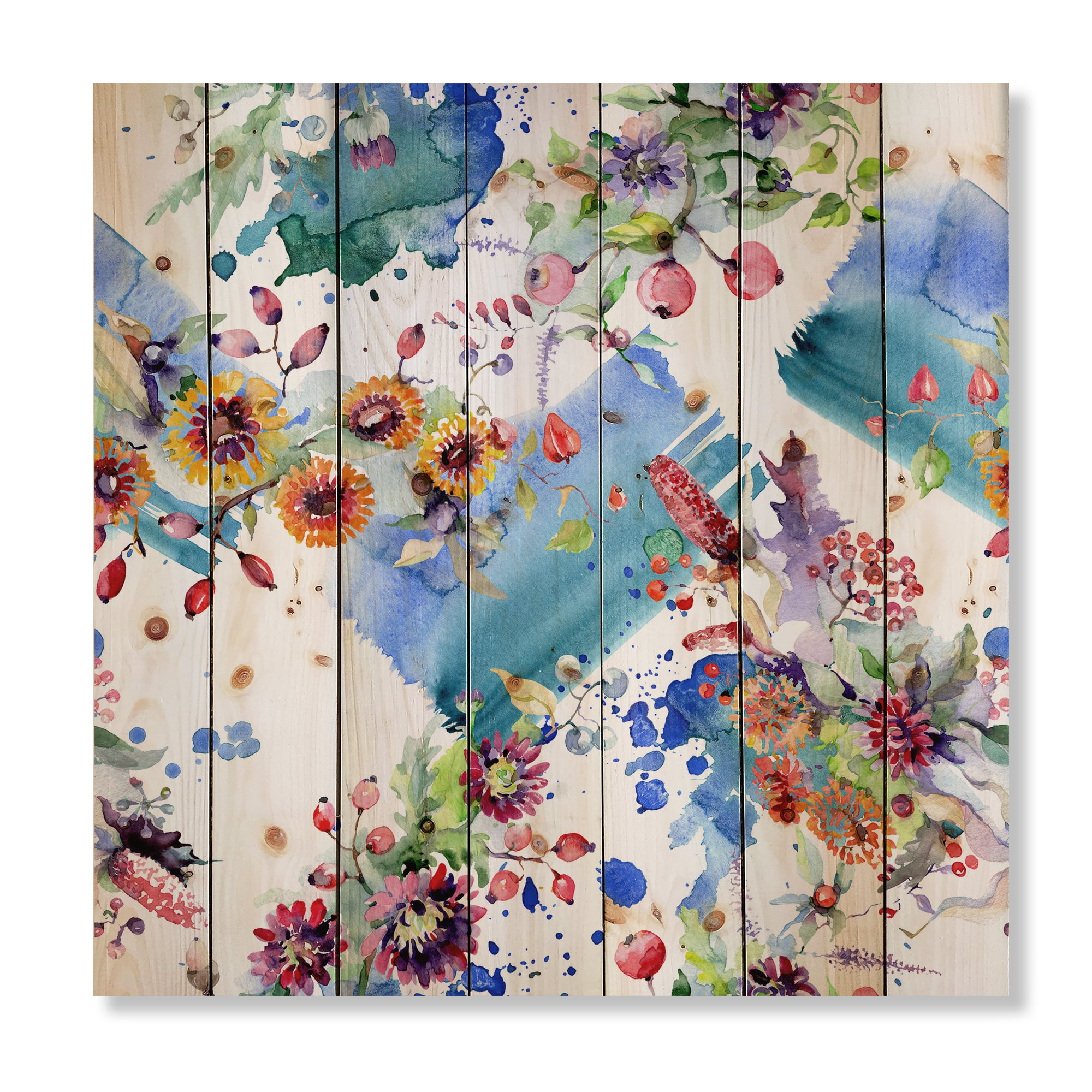Designart 'Wildflowers and Vibrant Wild Spring Leaves IX' Modern Print on Natural Pine Wood