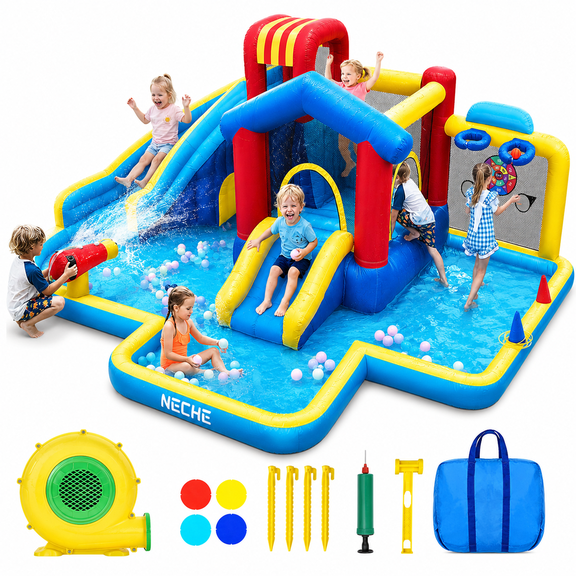 Neche Giant Inflatable Water Slide Bounce House, 215.35"×141.73"×78.74", 550W Blower, Outdoor Backyard, holds up to 4 Kids 3-8, Max Weight 396lbs