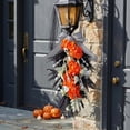 thumbnail image 5 of Halloween Skeleton Wreath Door Swag with Orange Hydrangea Flowers, Aesthetic Black Striped Bow Artificial Floral Hanging Wreath, Spooky Indoor Outdoor Decor for Centerpiece Party Holiday Wall Home, 5 of 9