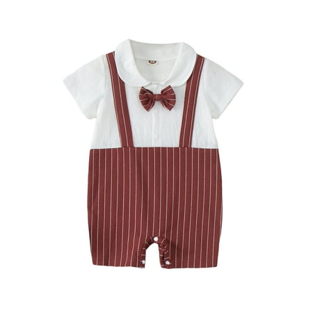 

Canrulo Newborn Baby Boy Gentleman Outfits Short Sleeve Striped Romper Jumpsuit Bodysuit Playsiuit Summer Clothes White 0-6 Months
