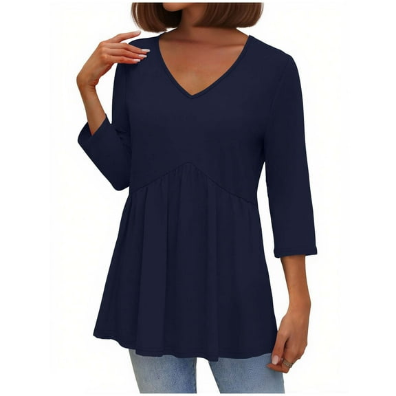ClodeEU Women's V Neck Shirts,Three-Quarter Sleeve Tunic Blouse,Casual Ruffle Tunic Tops Navy,Womens Plus L