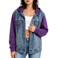 thumbnail image 3 of Women's Hooded Jeans Jackets - Drawstring Button up Denim Hoodie with Pockets Patchwork Long Sleeve Fall Sweatshirt with Hood, M, 3 of 7