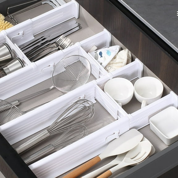 Expandable Drawer Divider, Dingrich Adjustable Drawer Organizer 32.3-56cm(12.7-22.inch) with 8 Short and 4 Long Divider for Drawer Separators in Bedroom Bathroom Kitchen Office Storage - White