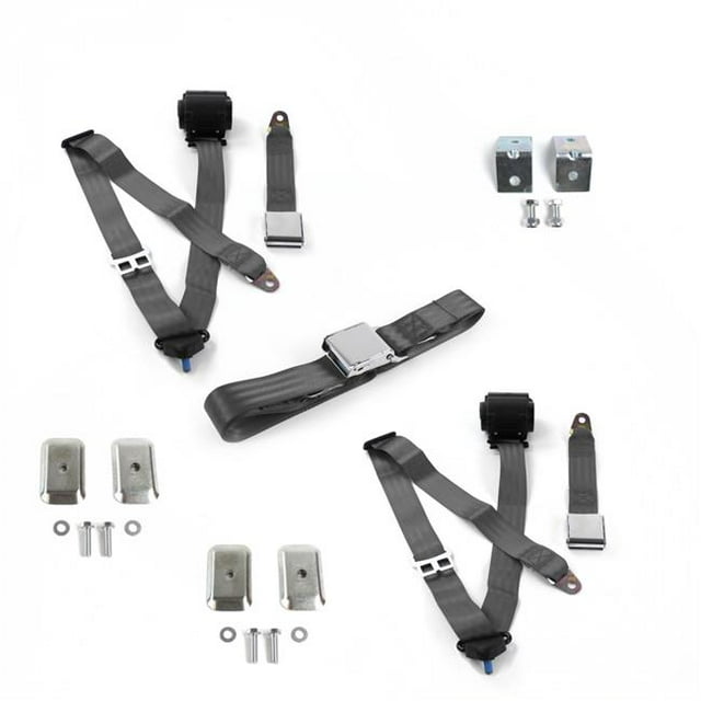 Jeep Comanche 1985-1992 Airplane 3 Point Charcoal Retractable Bench Seat Belt Kit with Bracketry - 3 Belts