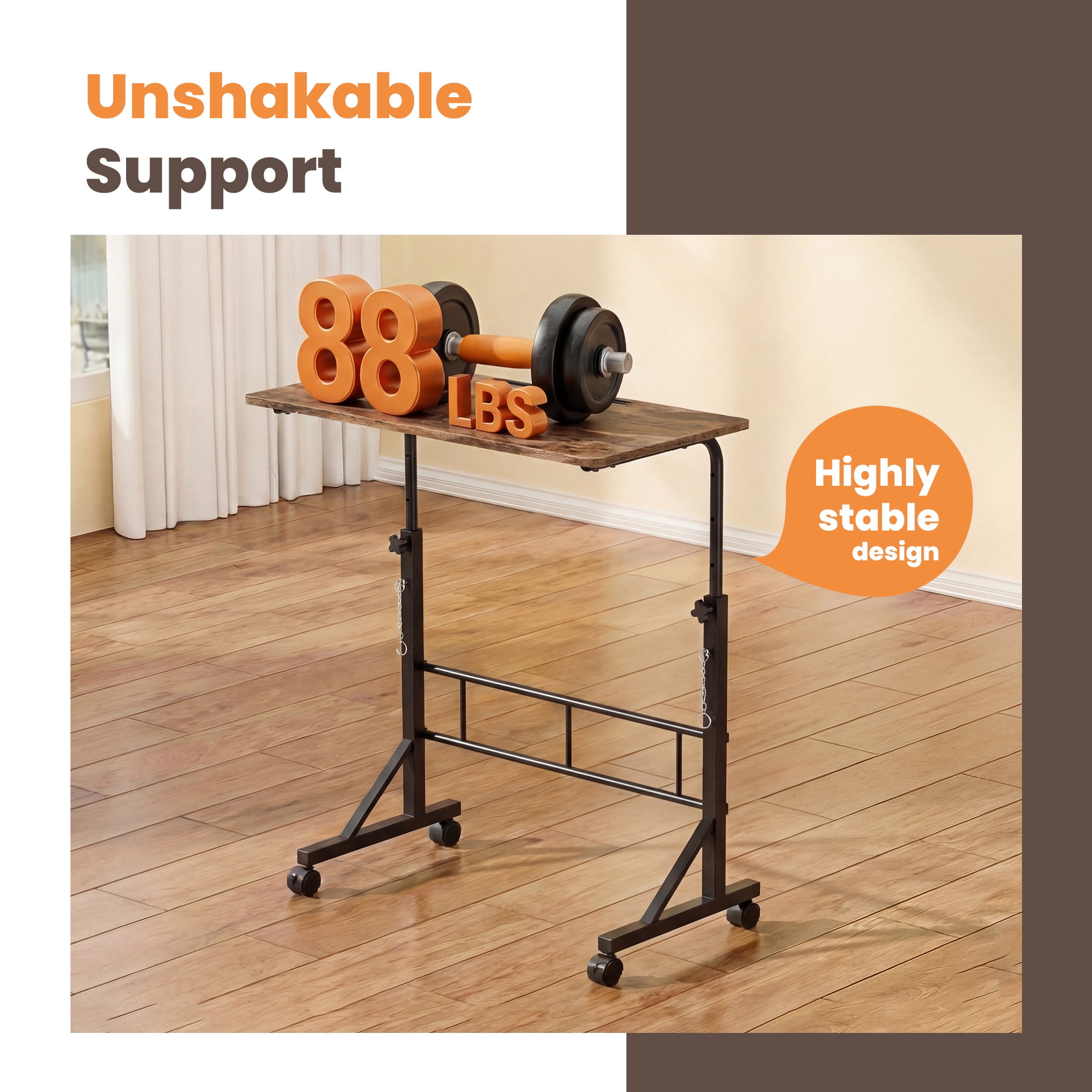 EDX Small Height Adjustable Standing Desk with Wheels, Mobile Rolling Computer Desk for Home Office, Sit Stand Laptop Desk for Walking Pad, Rustic Brown
