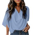 thumbnail image 2 of Rezuofi 1 Pcs Women's Cowl Neck Short Sleeve Chiffon Blouse Wrap Draped Front Loose Fit Work Casual Shirt Tops, 2 of 6