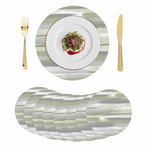 Sage Green Round 15 Inch Placemats Set of 8, Modern Abstract Grey Striped Art HeatResistant Non Slip Place Mats for Dining Table, Wipeable Braided Kitchen Table Mats for Housewarming