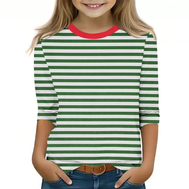 MKOSPLRT Hauts Rayés pour Enfants Manches 3/4 T-Shirts à Blocs de Couleur Col Rond Chemises Y2K Blouses Décontractées Légères T-Shirts de Printemps