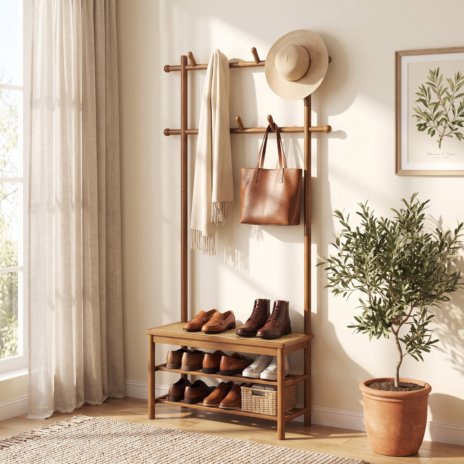 Furnibear 3 in 1 Bamboo Hall Tree Coat Rack with Bench and Shoe Storage and 11 Hooks for Entryway and Foyer and Hallway, Natural