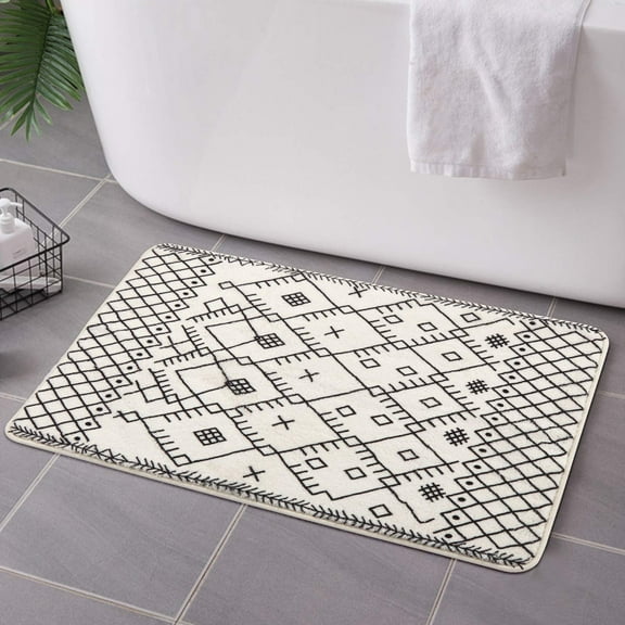 Fymlhomi Bathroom Rugs 18x25 inch Boho Bath Mat Non-Slip Moroccan Geometric Farmhouse Bath Rug Soft Velvet Machine Washable Floor Mats for Bathroom Tub Sink Shower