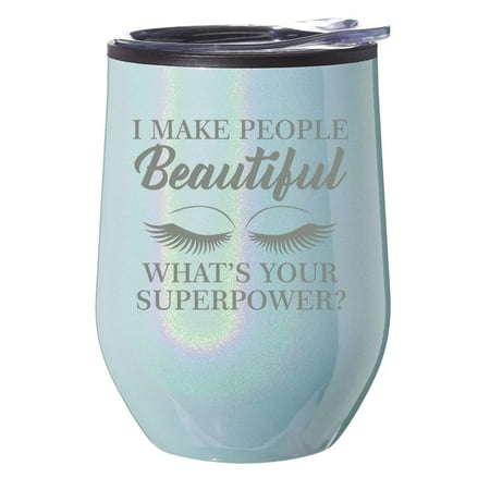 

Stemless Wine Tumbler Coffee Travel Mug Glass With Lid Gift I Make People Beautiful What s Your Superpower Lash Makeup Artist Esthetician (Blue Glitter)