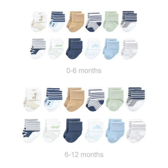 Luvable Friends Infant Boy Grow with Me Cotton Terry Socks, Safari, 0-6 and 6-12 Months