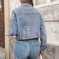thumbnail image 5 of Hvot&aat Women's Studded Denim Jacket Long Sleeve Button-Up Turndown Collar Denim Outwear Distressed Frayed Cropped Jean Coat, 5 of 7