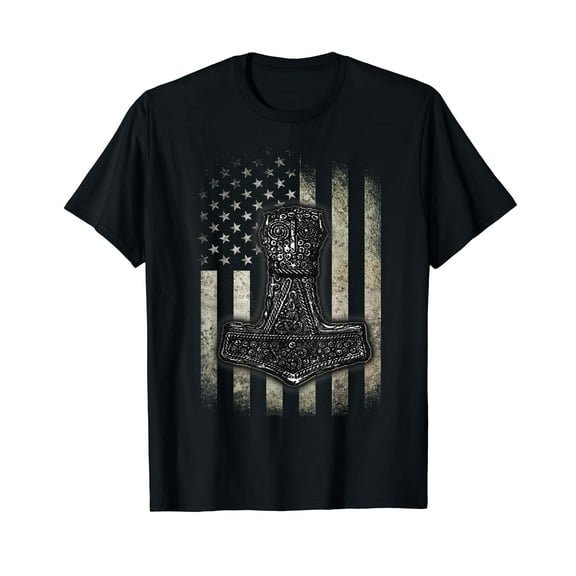 Mjolnir Hammer - American Viking Flag T-Shirt Black Tee