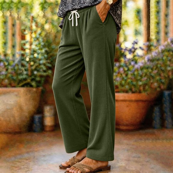 VV AVEORS Corduroy Pants For Women High Waist Elastic Waist Drawstring Pull On Pants With Pockets Casual Comfy Athletic Jogger Sweatpant Army Green XL