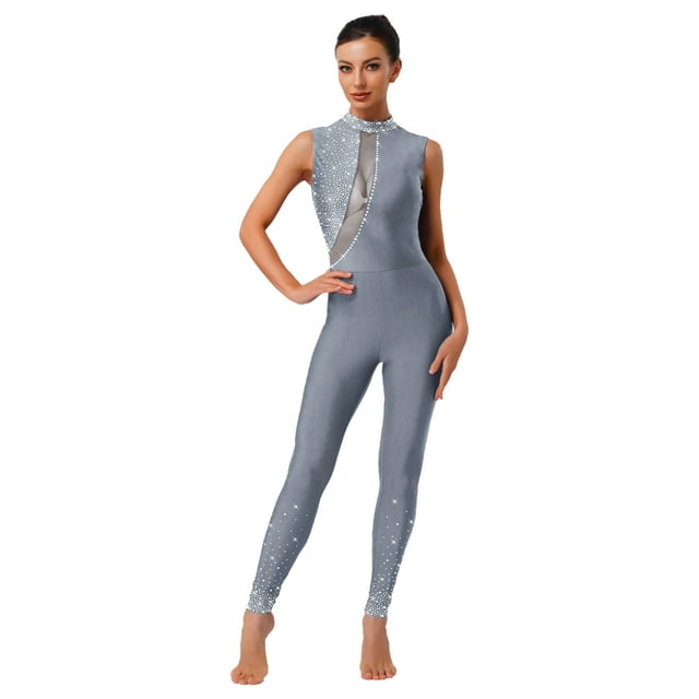 Raenseen Womens Sparkly Rhinestone Gymnastics Romper Sleeveless Unitard For Rhythmic Dance Competition Grey S