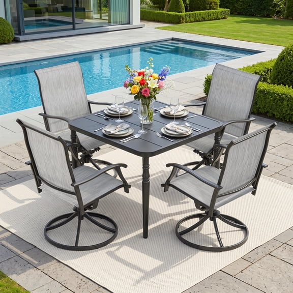 Nuu Garden Patio Table and Chair Set for 4, 5-Piece Patio Dining Set, All-Weather Outdoor Dining Set with Umbrella Hole, Textilene Swivel Chairs for Lawn, Garden, or Deck, Black and Light Gray