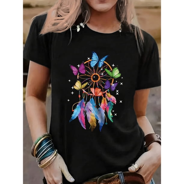 Camiseta casual de poliéster con estampado de mariposa, manga corta para mujer, ajuste regular, para todas las estaciones, tejido de punto de 180gm²