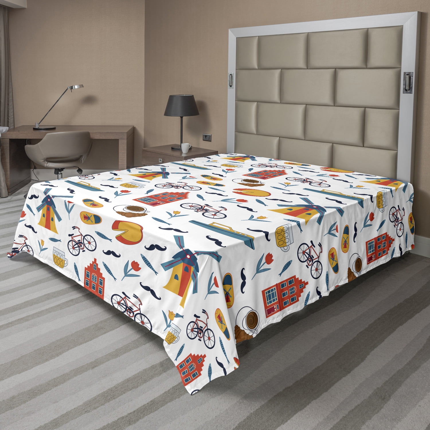Colorful Flat Sheet, Famous Dutch Motifs Pattern Illustration Designed on Plain Backdrop, Soft