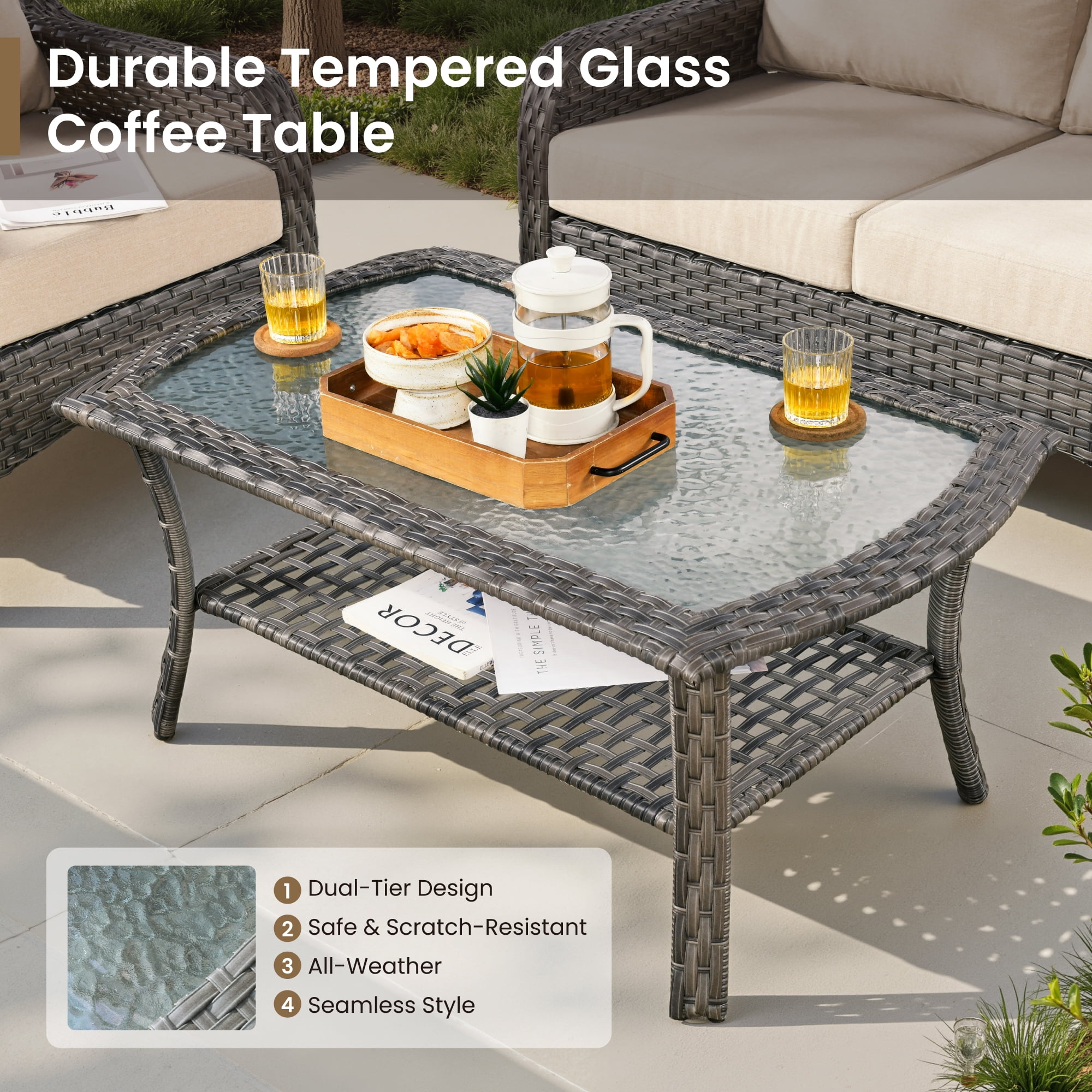 Vcatnet Patio Furniture Sets with Coffee Table 4 Pieces Sectional Sofa Rattan Wicker Outdoor Conversation Set with Loveseat Chair for Porch, Deck, Beige
