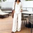 thumbnail image 2 of Linen Sets For Women 2 Piece Summer Long Sleeve V Neck Shirts Matching Wide Leg Lounge Pants Resort Beach Vacation Outfits/White/M, 2 of 4