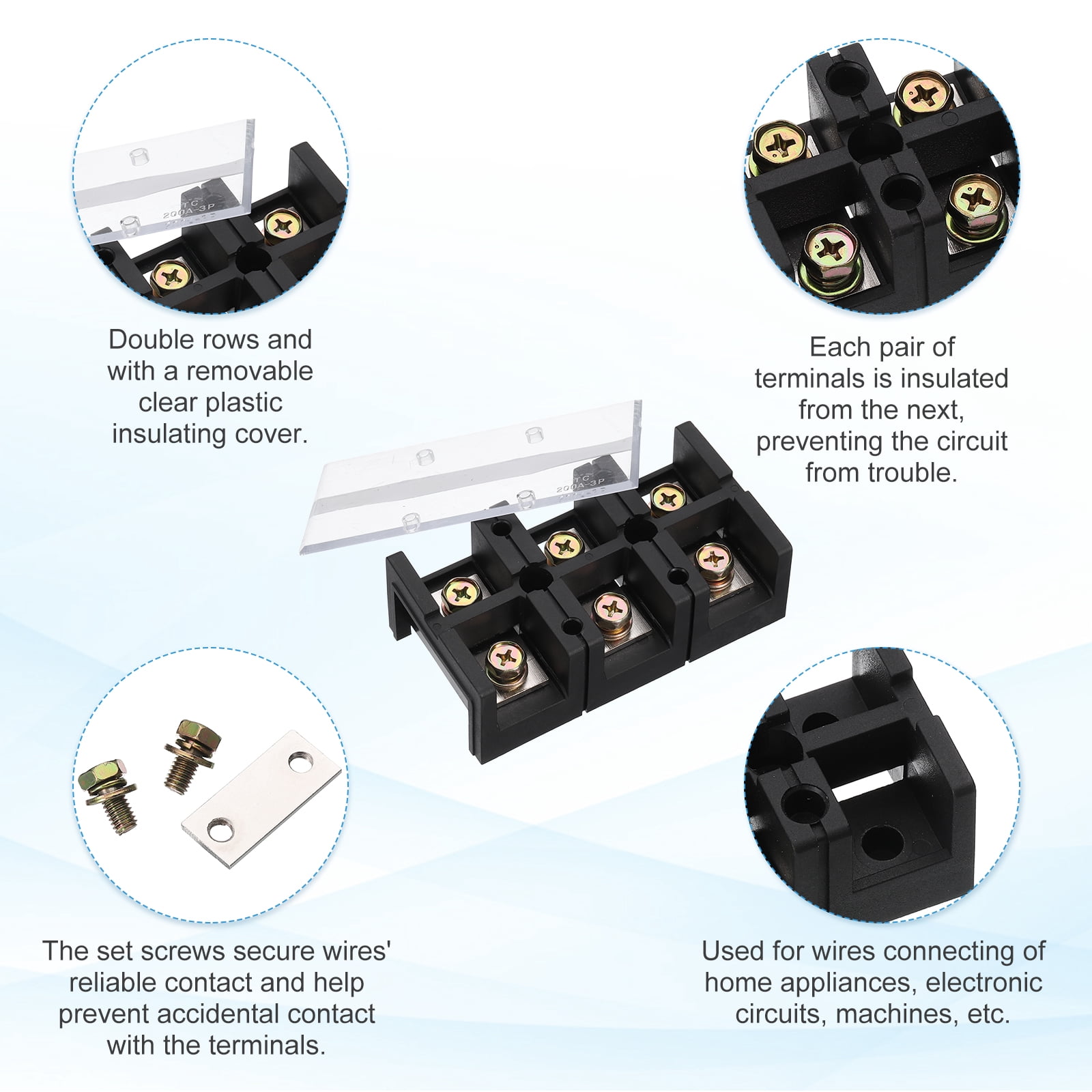 1 Pcs Barrier Terminal Strip Block 600V 200A Dual Rows 4 Positions Rail Base Screw Connector(The Shell Is Made of Flame Retardant and Heat Resistant Material)