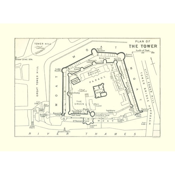 Historic Map - Tower London - Bartholomew 1921 - 31.45 x 23 - Vintage Wall Art