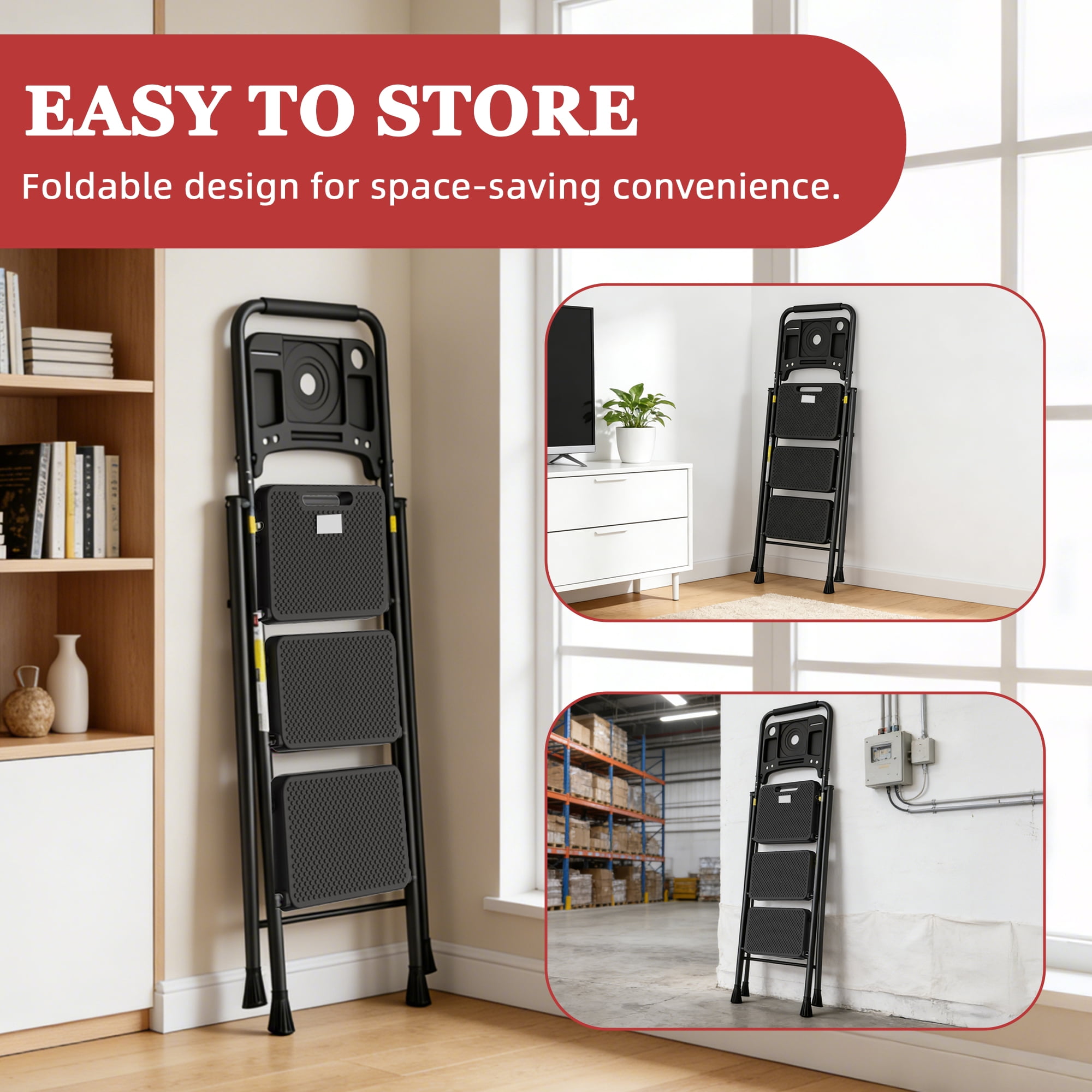 LevLad 3 Step Ladder with Tool Tray, 3 Step Stool with Safety Lock, Non-Skid Wide Steps, Household Folding Ladder for Home, Garden, Painting, Outdoor, Garage, Black