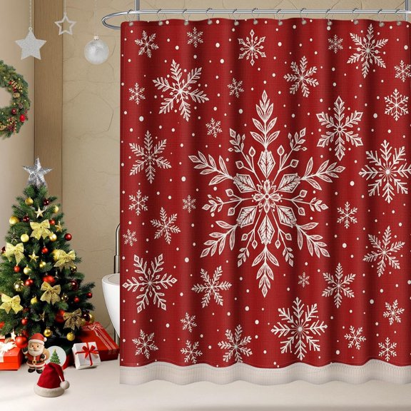 Red Christmas Snowflake Shower Curtain for Bathroom Holiday Winter Snow Fabric Shower Curtains with Hooks 71x71 inches
