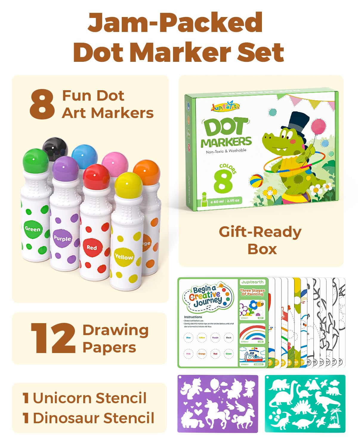 Jupitearth 22Pcs Arts Crafts & Sewing,Art Supplies,Art Markers & Pens,Washable Dot Markers for Toddlers 1-3 Game Markers for Kid