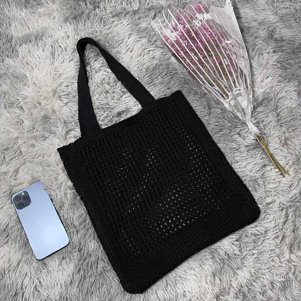 CoCopeaunt Crochet Bags for Women Knitted Tote Bag Faircore Hobo Bag Aesthetic Fairy Grunge Tote Bag Hollow Shoulder Handbags