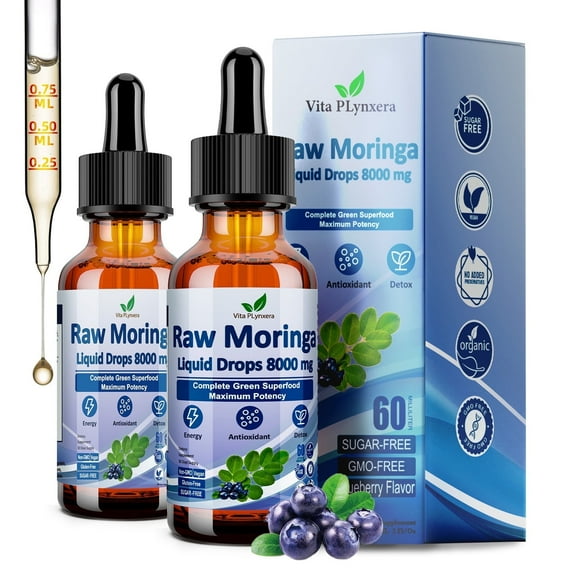 2 Pack Raw Moringa Liquid Drops 8000 mg, Organic Moringa Oleifera Leaf Extract w. Supergreens Wheatgrass, Barley Grass for Antioxidant, Energy & Immune, High Potency Than Moringa Capsules Powder